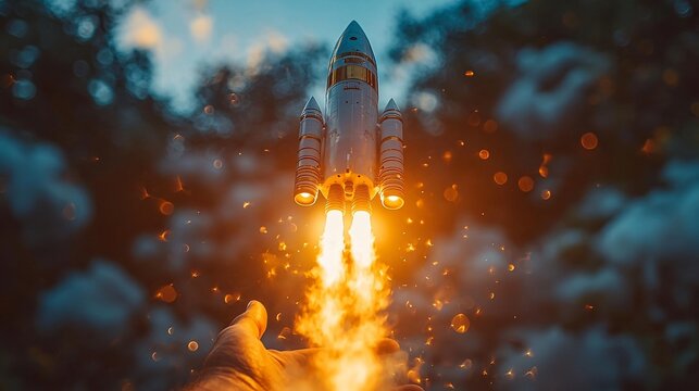 A businessman launching a rocket symbolizing growth and success in business, ideal for startup promotions or entrepreneurial events, with copy space.