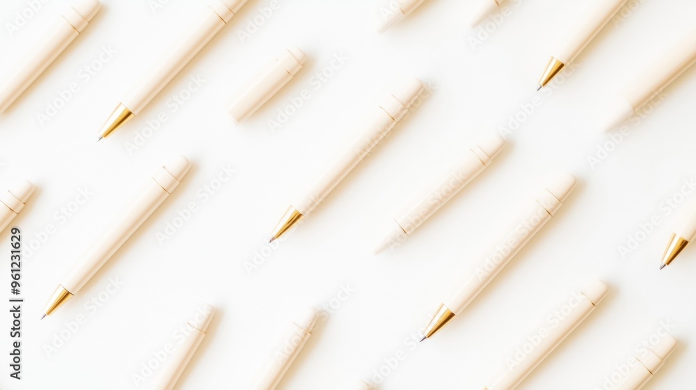 Poster Gold Pens on White Background - Minimalist Pattern with Consistent Spacing and Soft Shadows - Modern Stock