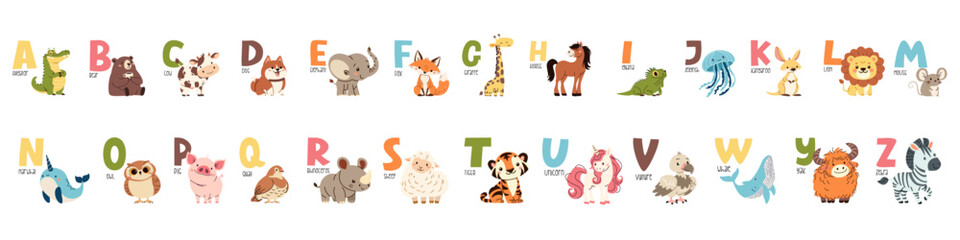 Set of flat vector illustrations and letters of the alphabet. Colorful alphabet and animals on the first letter. Children's style and white background . Vector illustration © Alena