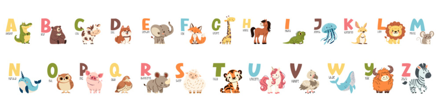 Set of flat vector illustrations and letters of the alphabet. Colorful alphabet and animals on the first letter. Children's style and white background . Vector illustration