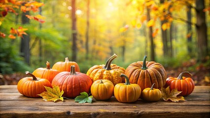 Cluster of pumpkins on wooden table in lush forest setting surrounded by abundant foliage