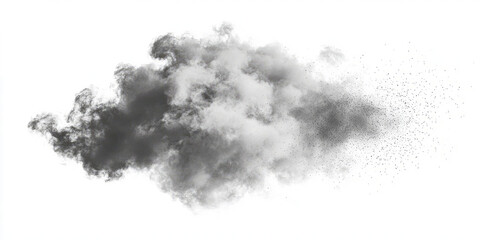 A surreal explosion of soft dust particles, creating a swirling cloud effect with shades of gray on white.