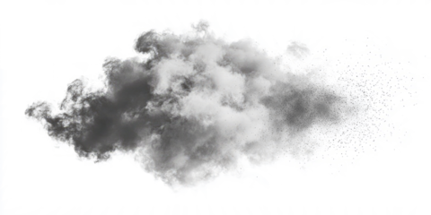 A surreal explosion of soft dust particles, creating a swirling cloud effect with shades of gray on white.