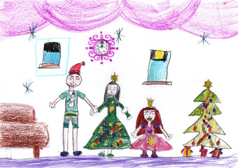 Child drawing christmas tree with colorful ornaments.Christmas home decor in childish style. Pencil art in childish style