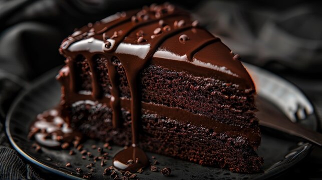 Luxurious chocolate cake slice with glossy ganache showcased in dark, moody lighting for texture