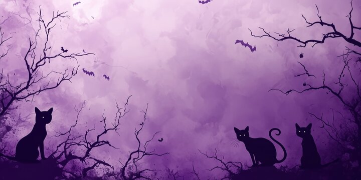Spooky halloween background featuring silhouettes of black cats sitting on a tree, with a purple sky and bats flying around