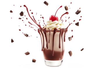 A delicious chocolate milkshake with whipped cream and a cherry, levitating in mid-air with a fun summer vibe.