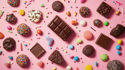 An artfully arranged flat lay of chocolates, candies, and sprinkles on a bright surface