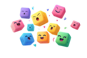 multi-colored cubes floating in space, each depicting a separate emotion, on a white background.