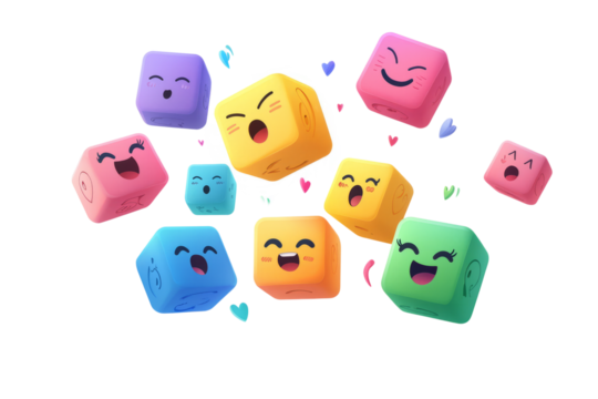 multi-colored cubes floating in space, each depicting a separate emotion, on a white background.