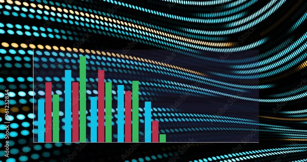 Poster bar chart animation over colorful dots forming wavy patterns