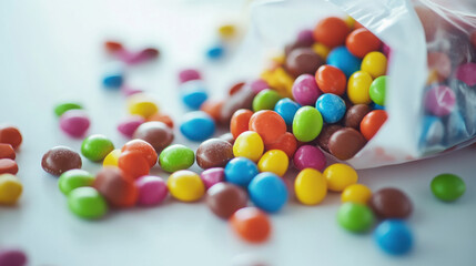 Candy-coated chocolates spilling from a bag onto a white surface, creating a colorful mess