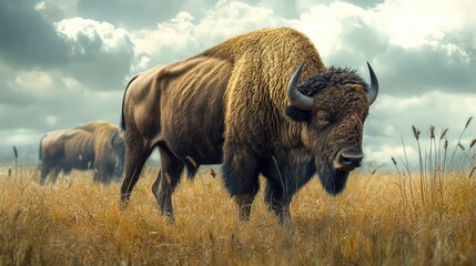 3D bison grazing with a soft pastel background on the right, symbolizing the might of ancient beasts in a zoo, style of