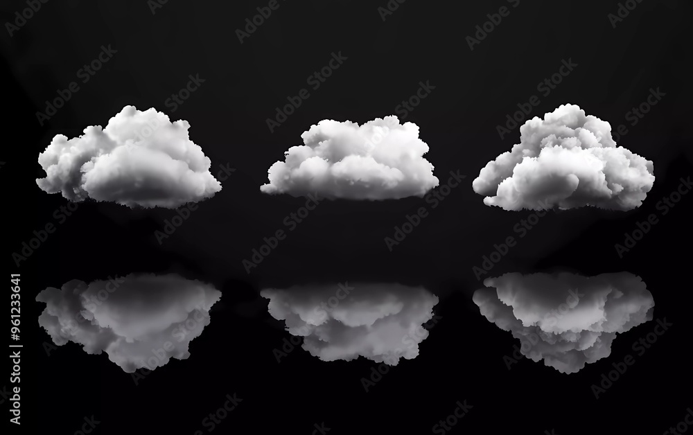 Poster collection of realistic gray clouds isolated on black background. vector illustration with soft and 