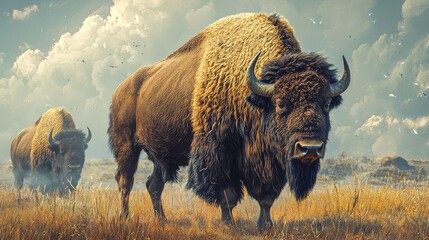 3D bison grazing with a soft pastel background on the right, symbolizing the might of ancient beasts in a zoo, style of
