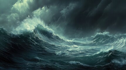Fototapeta premium A turbulent ocean under a hurricane, with high waves crashing and dark storm clouds looming above.