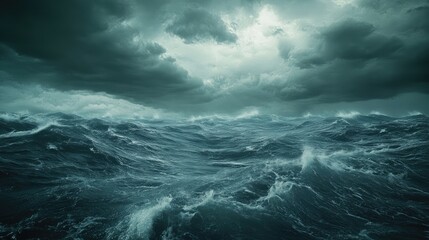 Fototapeta premium A turbulent ocean with a hurricane looming in the distance, the sky filled with dark clouds and fierce winds.