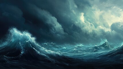 Fototapeta premium A turbulent ocean with a hurricane looming in the distance, the sky filled with dark clouds and fierce winds.