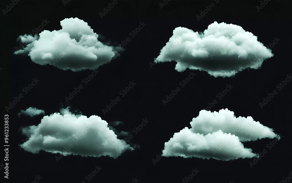 Poster collection of realistic green clouds isolated on black background. vector illustration with soft and