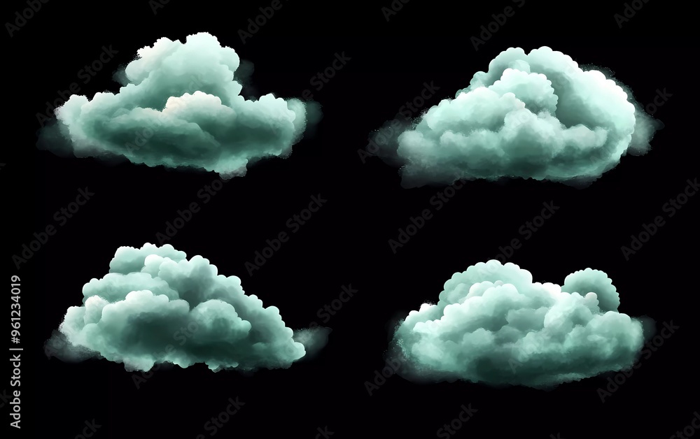 Poster collection of realistic green clouds isolated on black background. vector illustration with soft and