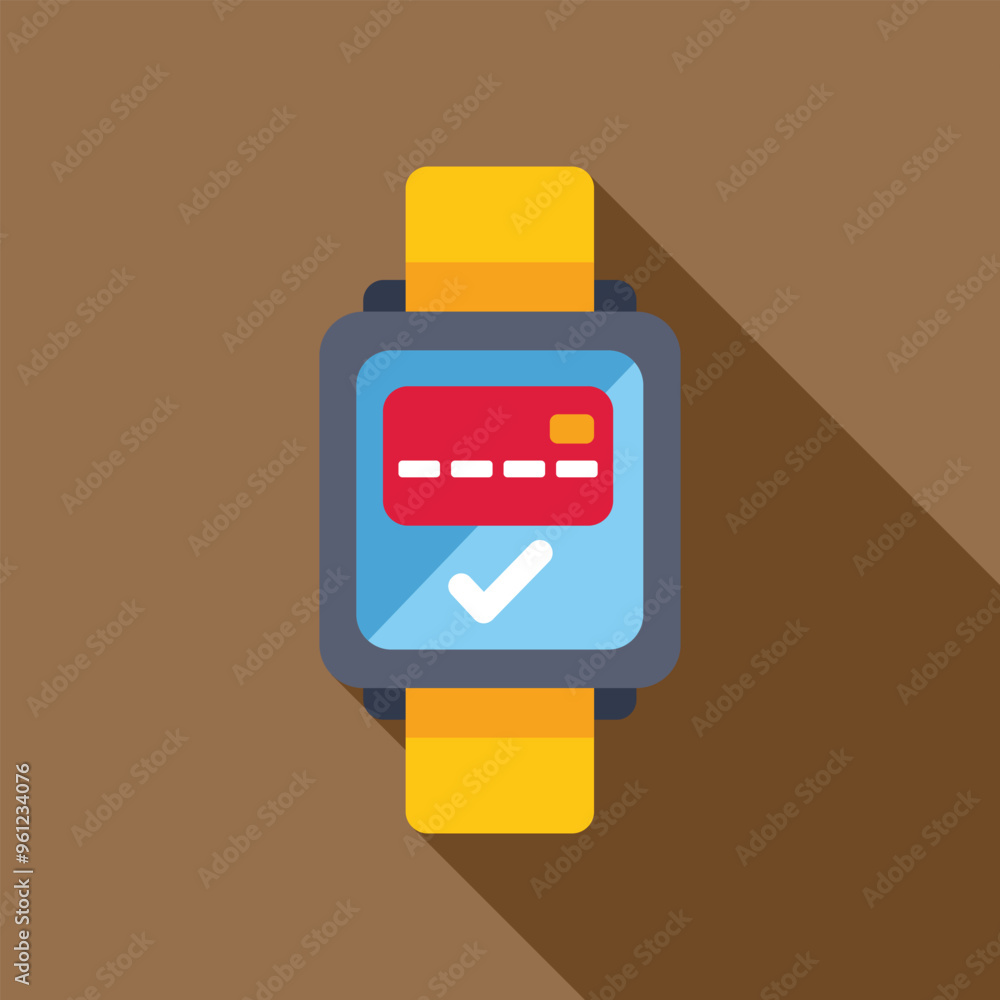 Poster smart watch is displaying a credit card and confirming a secure payment transaction using nfc techno