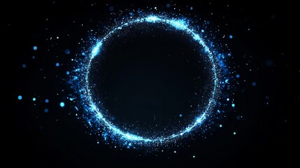 Blue glitter circle of light foggy and blue spark particles in circle frame on black background. Christmas magic stars glow, firework confetti of glittery ring shimmer