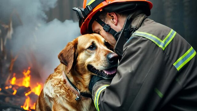 Firefighter comforting a golden retriever dog in a smoky outdoor scene, showing compassion and courage during a rescue. Heroism and rescue concept.


