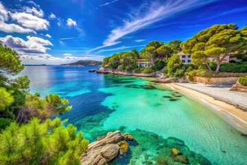 Sunny Beach With Crystal-Clear Waters And Golden Sand, Surrounded By Lush Greenery And Idyllic Coastal Scenery, Inviting Relaxation And Water Activities In Palmanova, Mallorca, Spain.