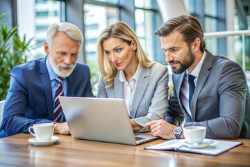 Obraz premium Business discussion at table with laptop and coffee in modern office