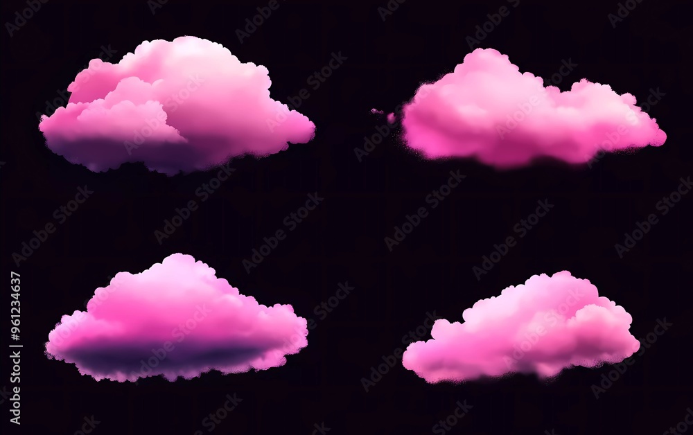 Wall mural collection of realistic pink clouds isolated on black background. Vector illustration with soft and fluffy clouds