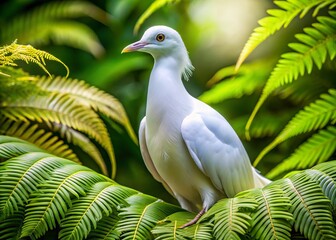 Obraz premium Elegant white bird with iridescent neck and chest, set against a backdrop of lush greenery, partially hidden by a delicate fern.