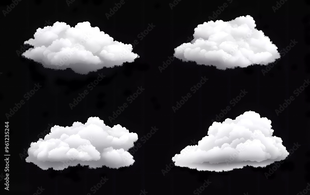 Poster collection of realistic white clouds isolated on black background. vector illustration with soft and
