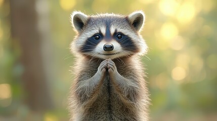 Fototapeta premium 3D raccoon with its hands clasped and a soft pastel background on the right, representing the cleverness of urban wildlife in a zoo, style of