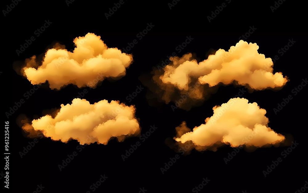 Poster collection of realistic yellow clouds isolated on black background. vector illustration with soft an