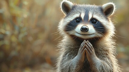 Fototapeta premium 3D raccoon with its hands clasped and a soft pastel background on the right, representing the cleverness of urban wildlife in a zoo, style of