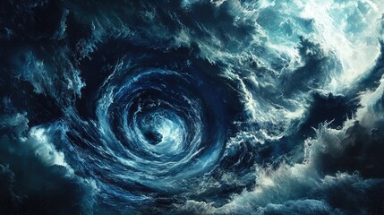 An image of a hurricane over a turbulent sea, with dense clouds swirling around a clear, well-defined eye.
