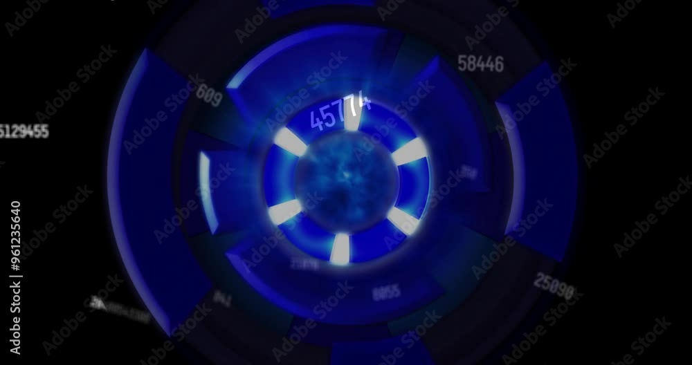 Poster blue circular data visualization animation with numbers and glowing segments