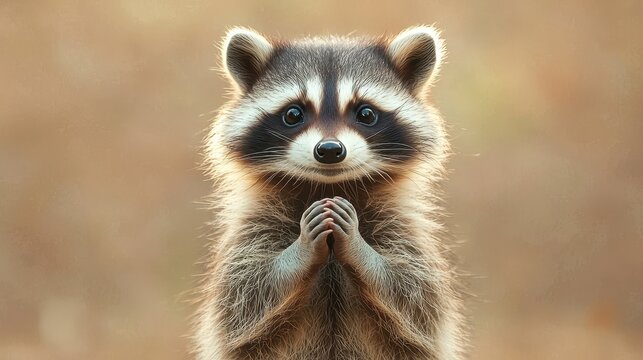 3D raccoon with its hands clasped and a soft pastel background on the right, representing the cleverness of urban wildlife in a zoo, style of