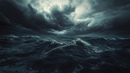 Fototapeta premium An image of dark, churning clouds over the ocean, with waves growing larger as a hurricane approaches.