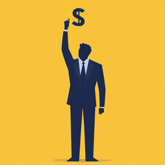 Businessman raises a dollar sign, symbolizing financial success and ambition against a vibrant yellow background.
