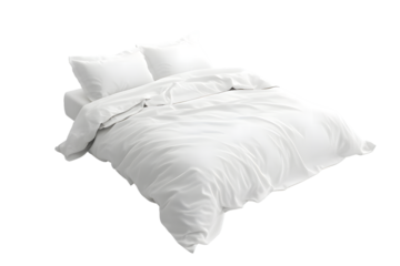 Blank white bed mock up, top view. Empty blanket and pillows mockup in bedstead isolated on transparent background