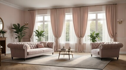 Side View Vintage Living Room with Large Windows