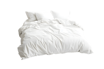 Blank white bed mock up, top view. Empty blanket and pillows mockup in bedstead isolated on transparent background