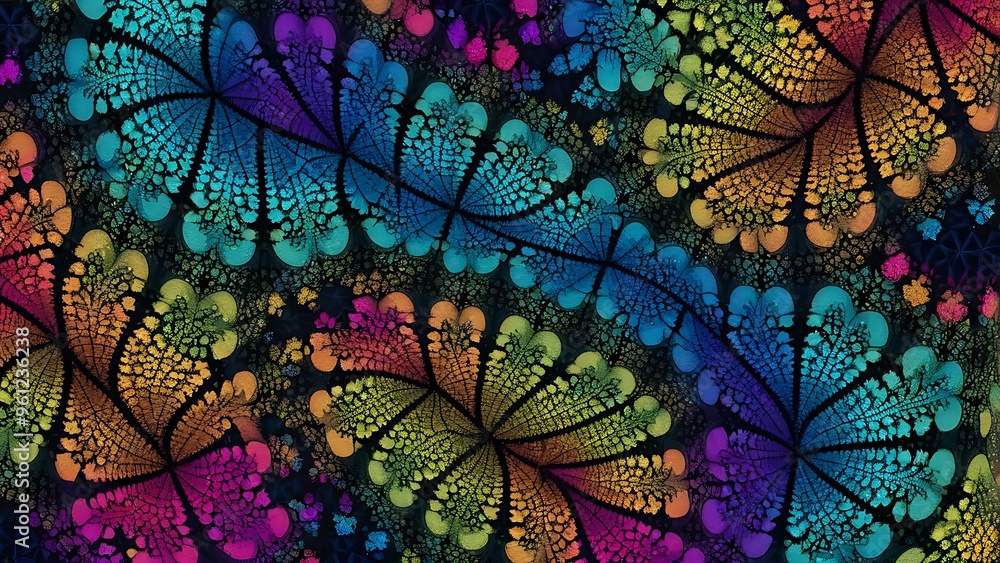 Fototapete a complex fractal pattern in vibrant colors, forming a kaleidoscope effect that is both intricate an