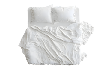 Blank white bed mock up, top view. Empty blanket and pillows mockup in bedstead isolated on transparent background