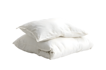 Blank white bed mock up, top view. Empty blanket and pillows mockup in bedstead isolated on transparent background