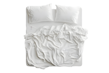 Blank white bed mock up, top view. Empty blanket and pillows mockup in bedstead isolated on transparent background