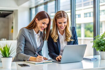Two businesswomen collaborating in modern office with greenery