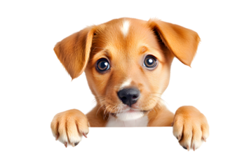 Puppy dog holding blank banner isolated on transparent background