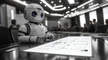 AI robot actively participating in a brainstorming session in an advertising agency meeting room